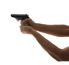 Photo of Professional killer with gun on white background, closeup