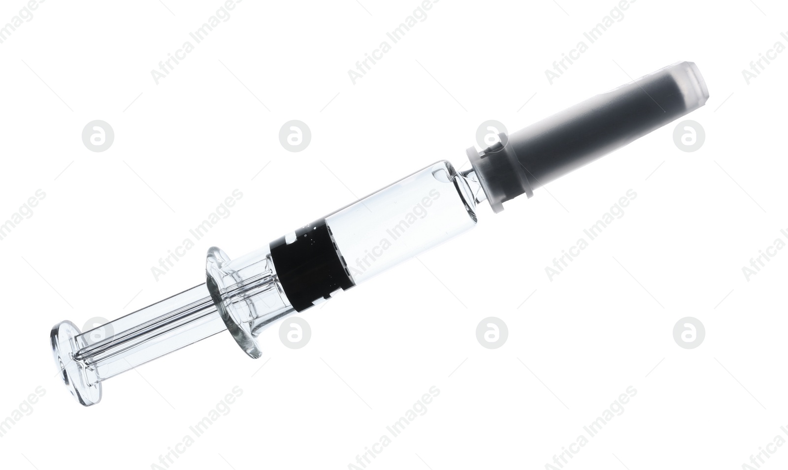 Photo of Syringe with COVID-19 vaccine isolated on white