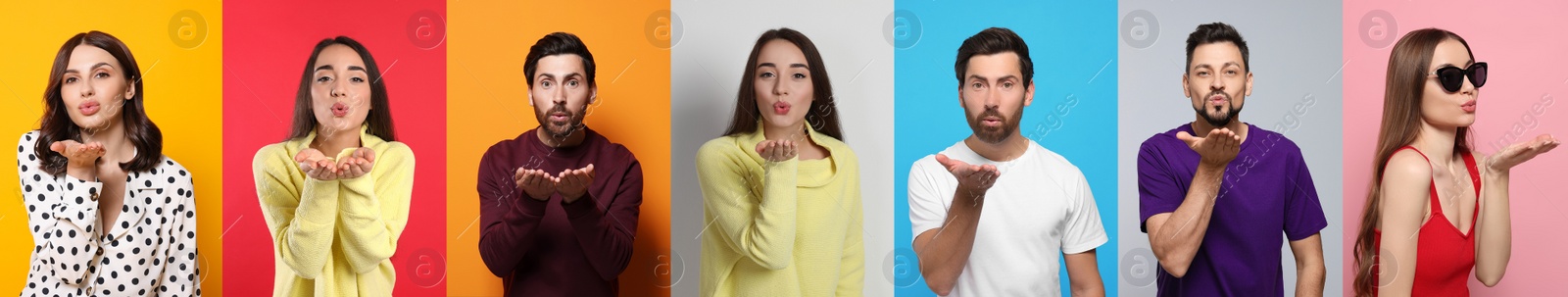 Image of Collage with photos of people blowing air kisses on different color background. Banner design