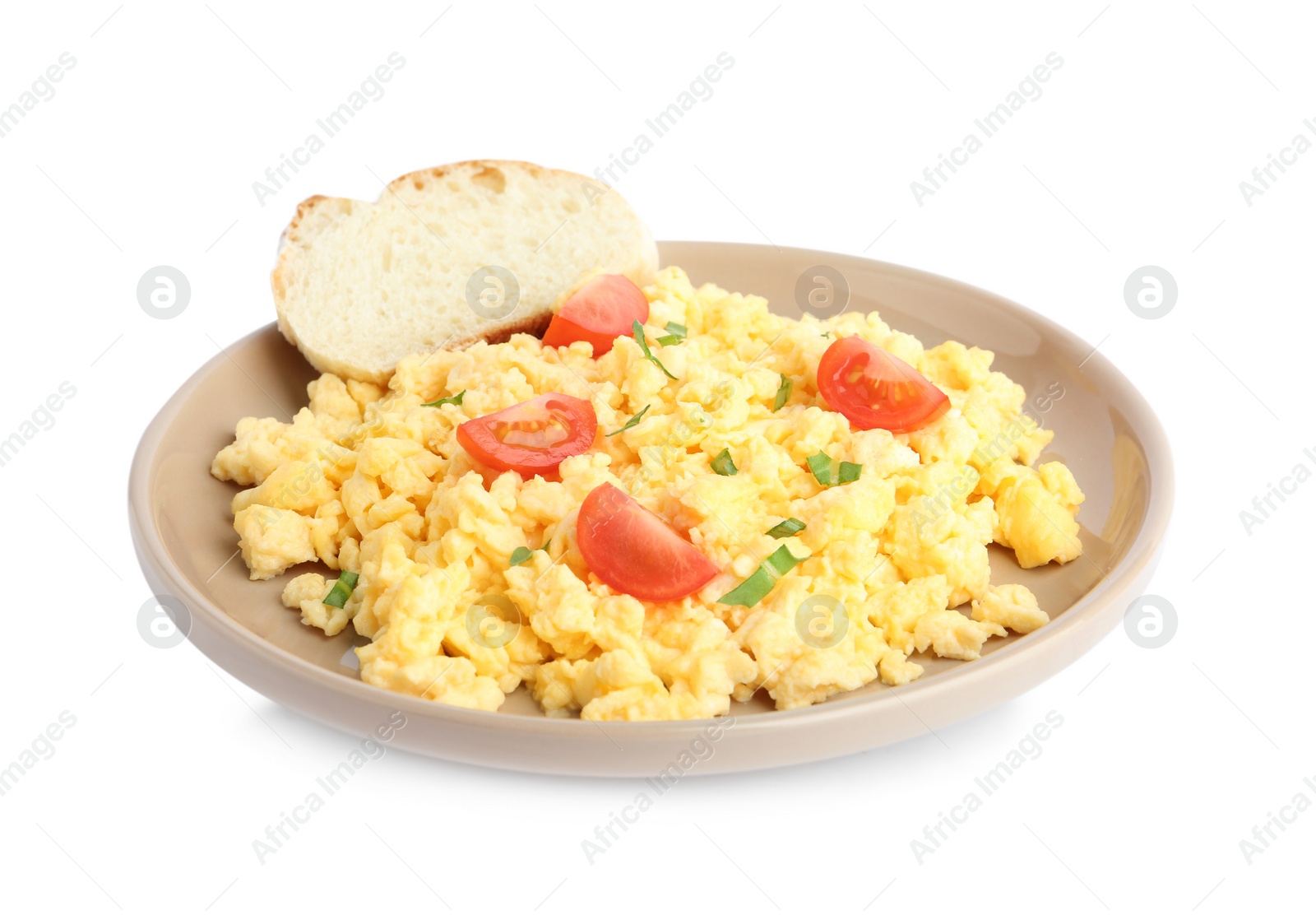 Photo of Tasty scrambled eggs with bread and cherry tomato isolated on white