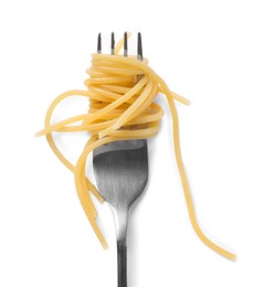Photo of Fork with tasty pasta isolated on white