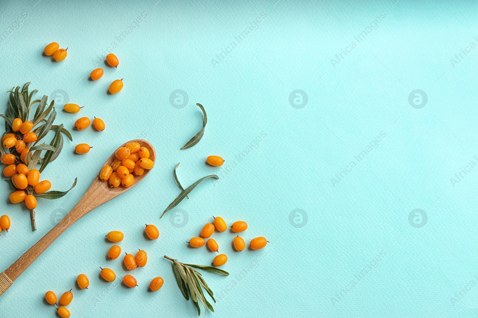 Photo of Fresh ripe sea buckthorn on light blue background, flat lay. Space for text