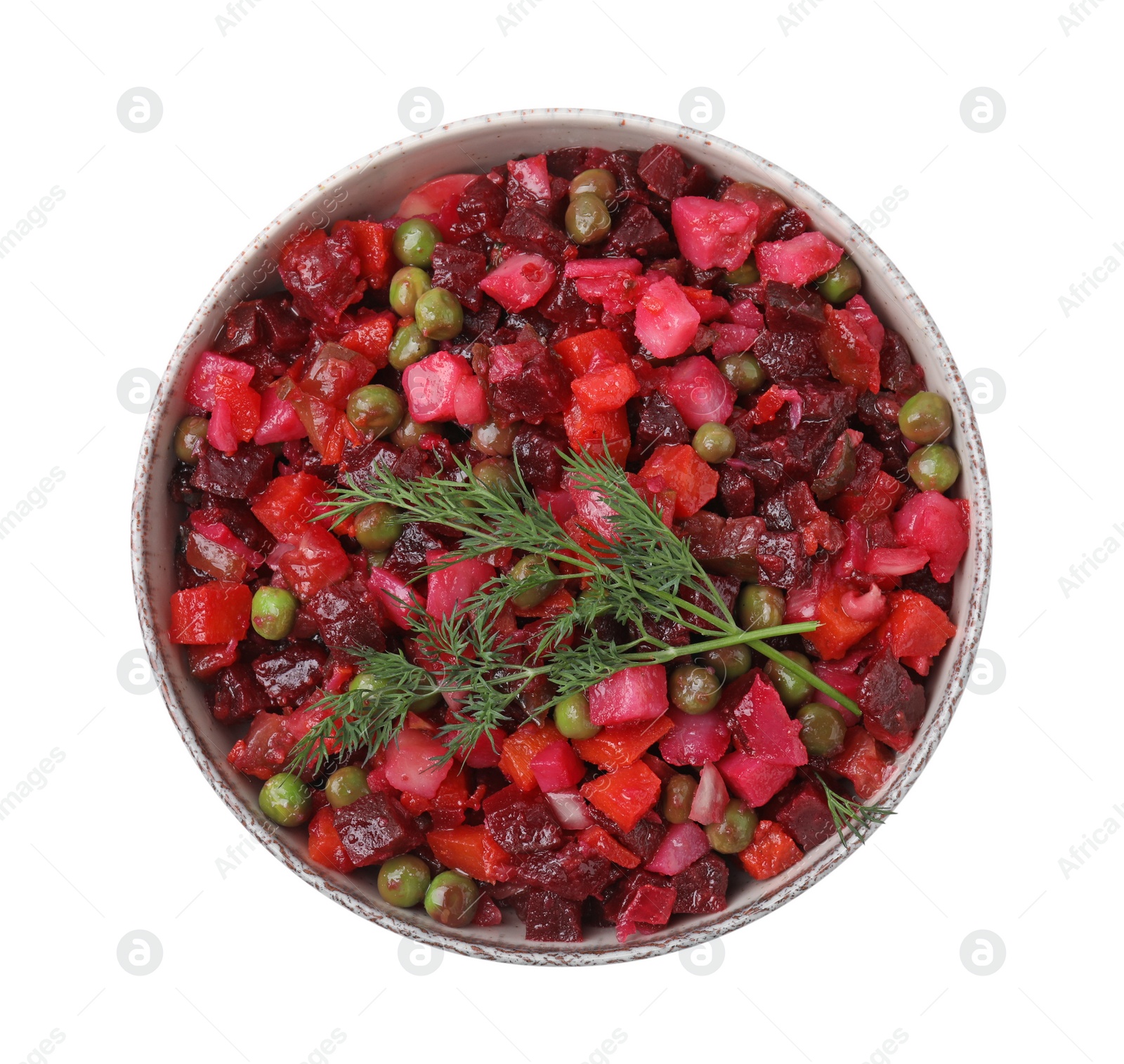 Photo of Delicious vinaigrette salad isolated on white, top view