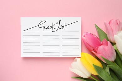 Image of Beautiful tulips and guest list on pink background, flat lay