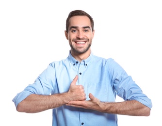 Photo of Man showing HELP gesture in sign language on white background