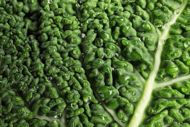 Photo of Green leaf of savoy cabbage as background, closeup