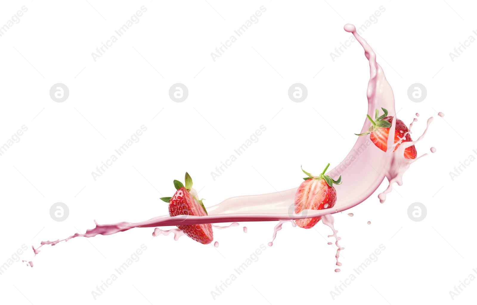 Image of Fresh strawberries with milkshake splash on white background