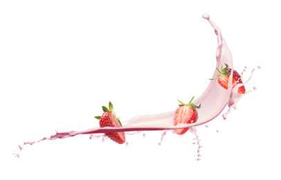 Fresh strawberries with milkshake splash on white background