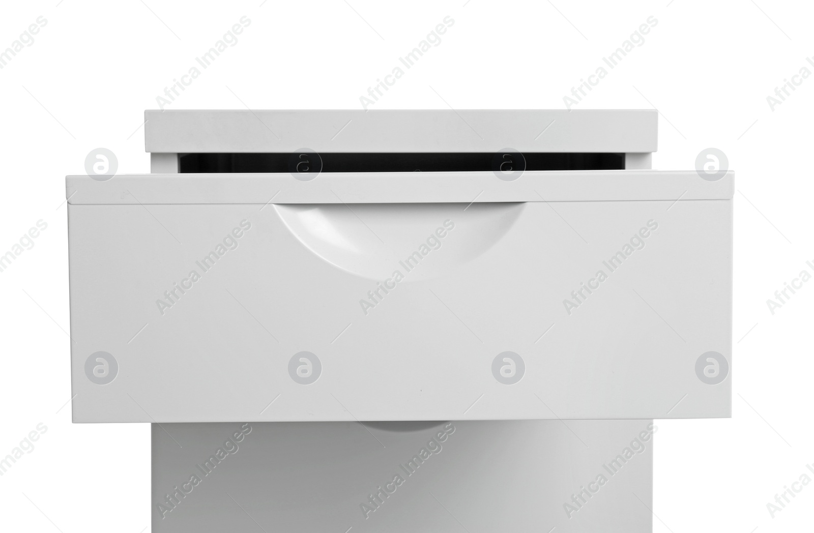 Photo of Stylish chest of drawers on white background. Furniture for wardrobe room