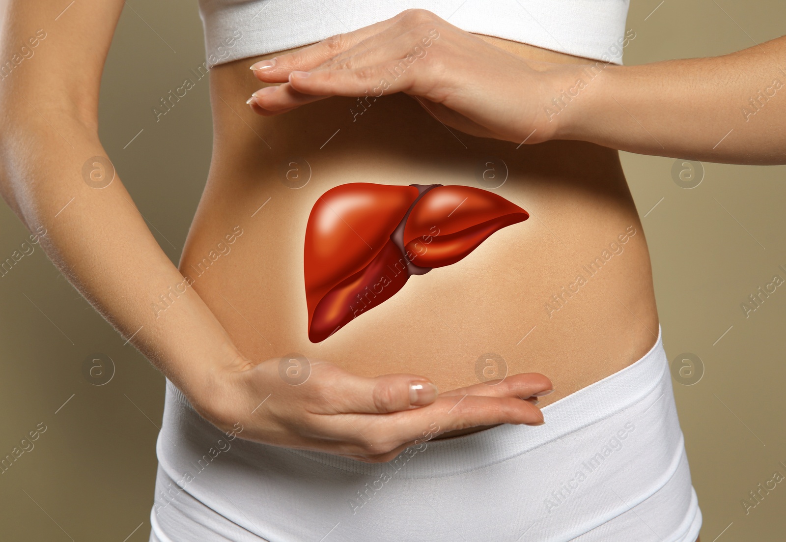 Image of Woman and illustration of liver on beige background, closeup