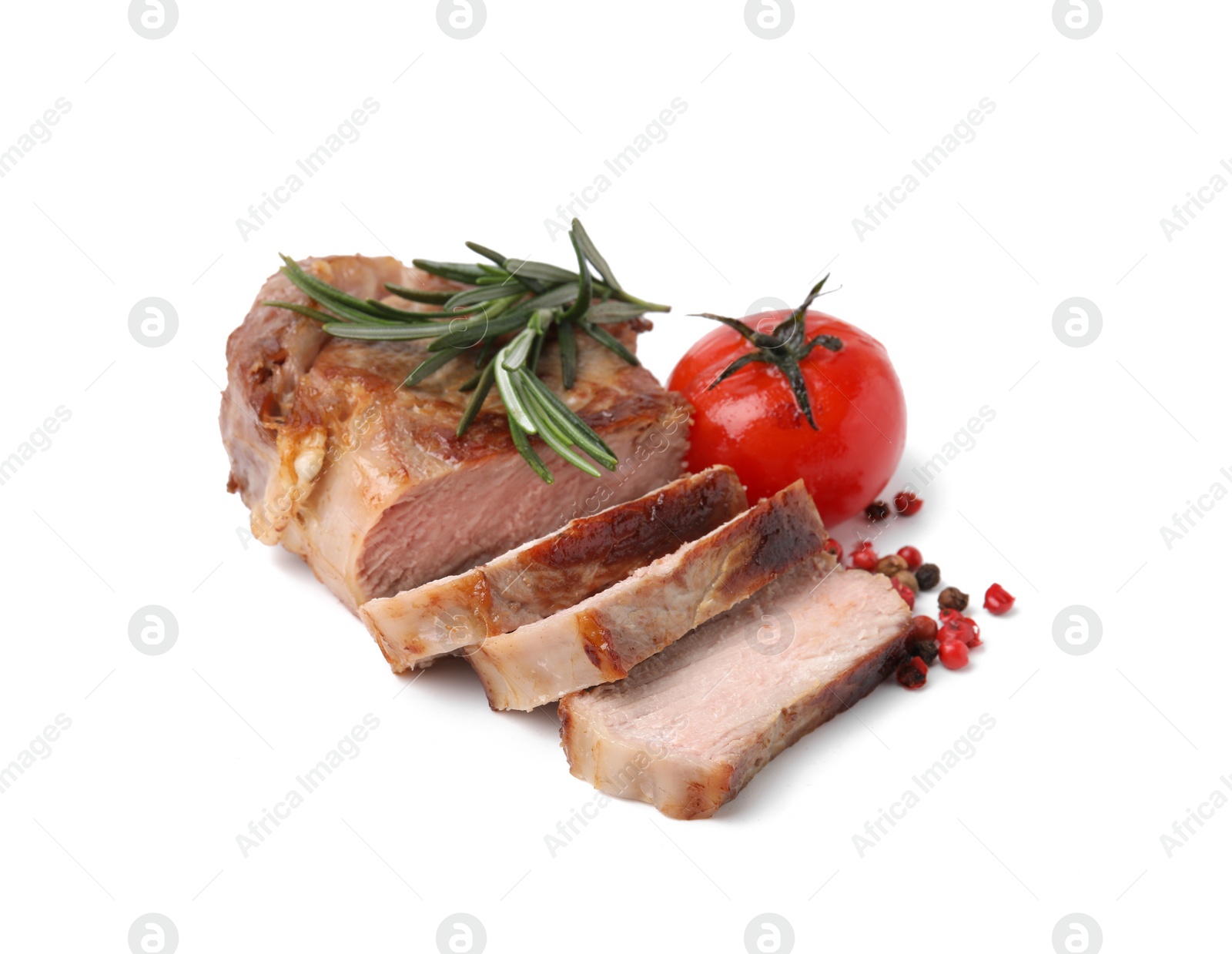 Photo of Delicious fried meat with rosemary, tomato and spices on white background