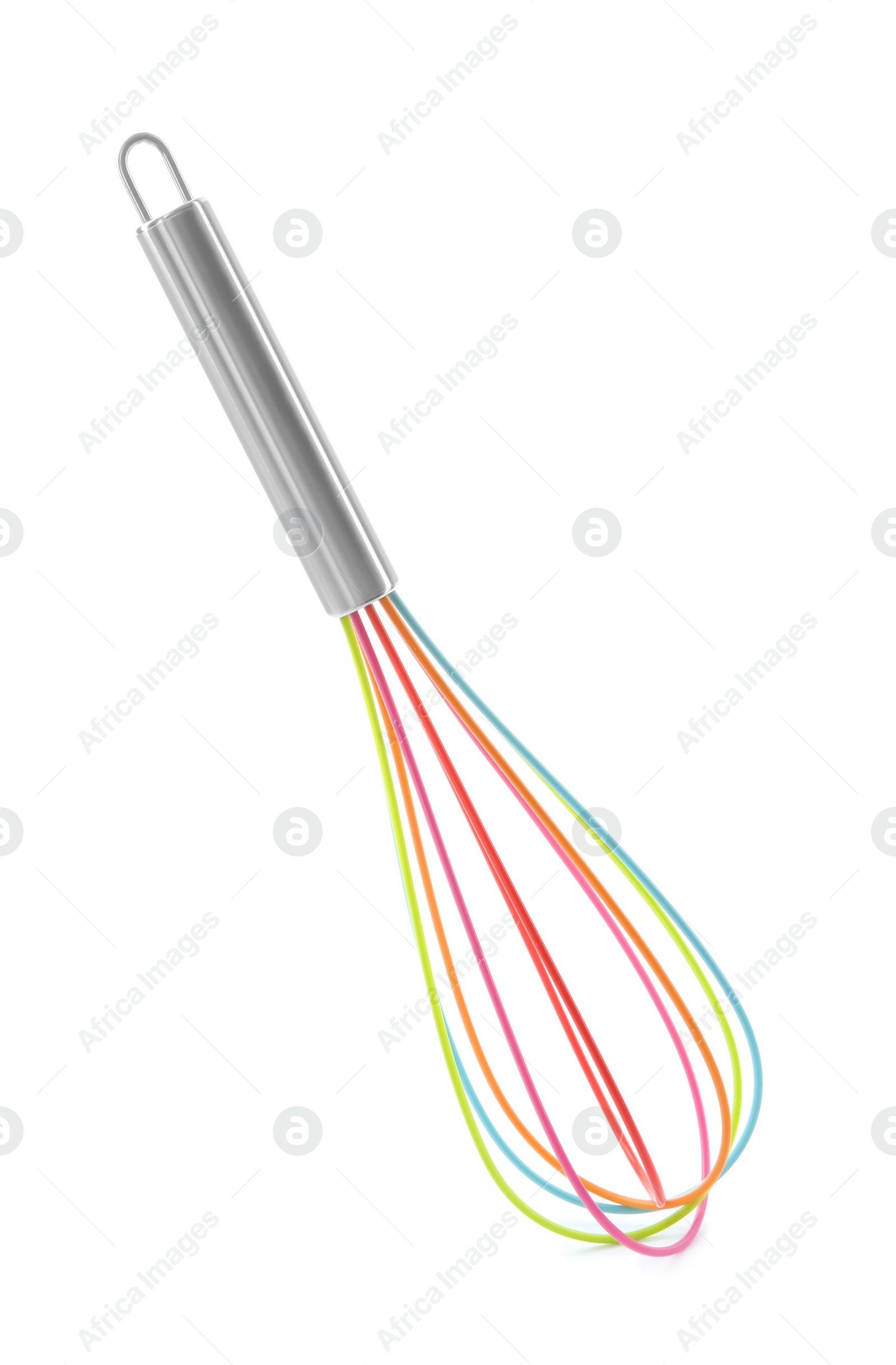 Photo of Colorful whisk isolated on white. Kitchen utensil