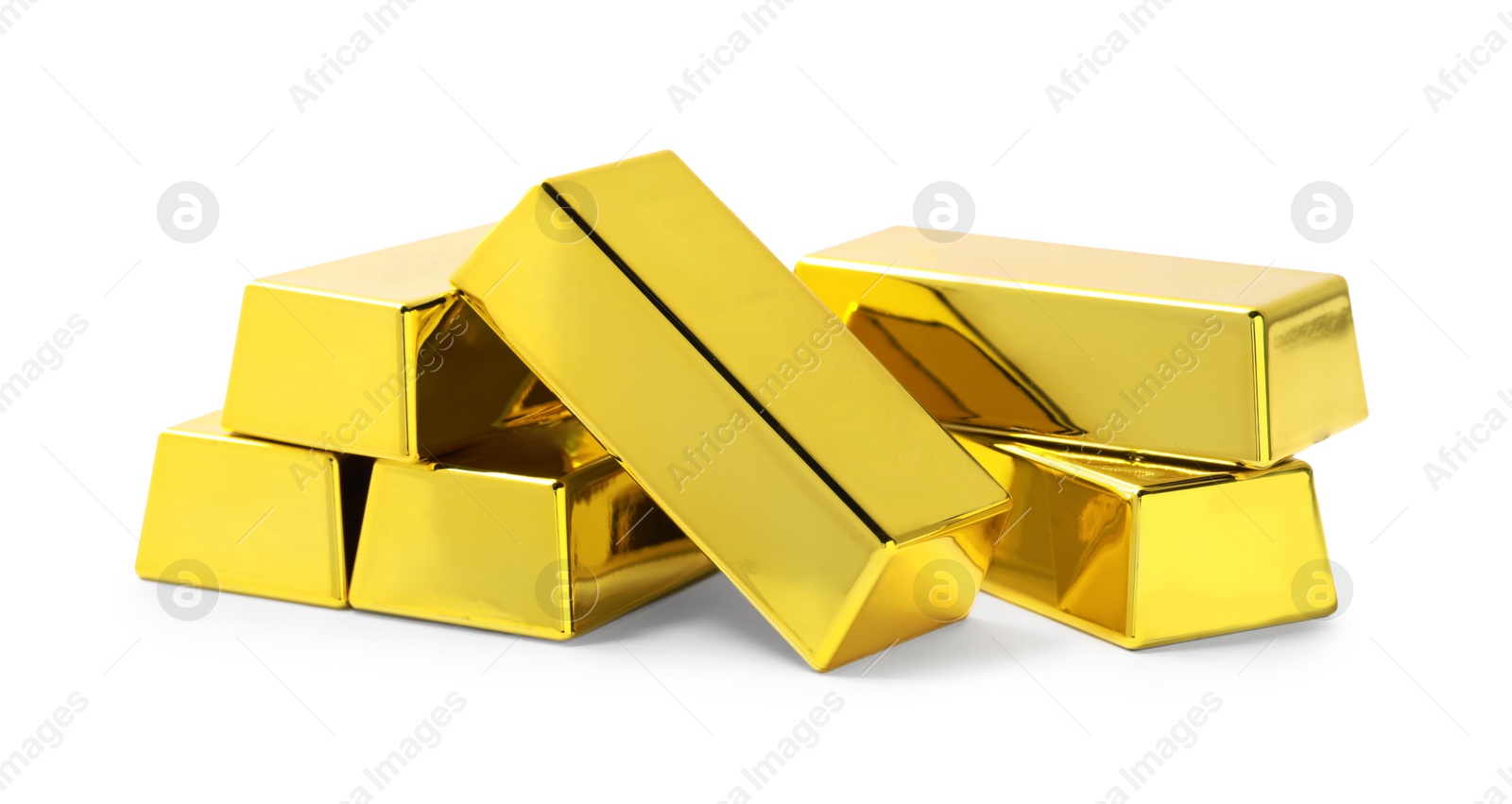 Photo of Many shiny gold bars isolated on white