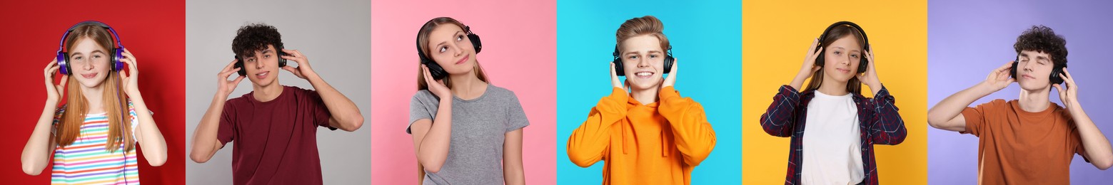 Photos of teenagers with headphones on different color backgrounds, collage