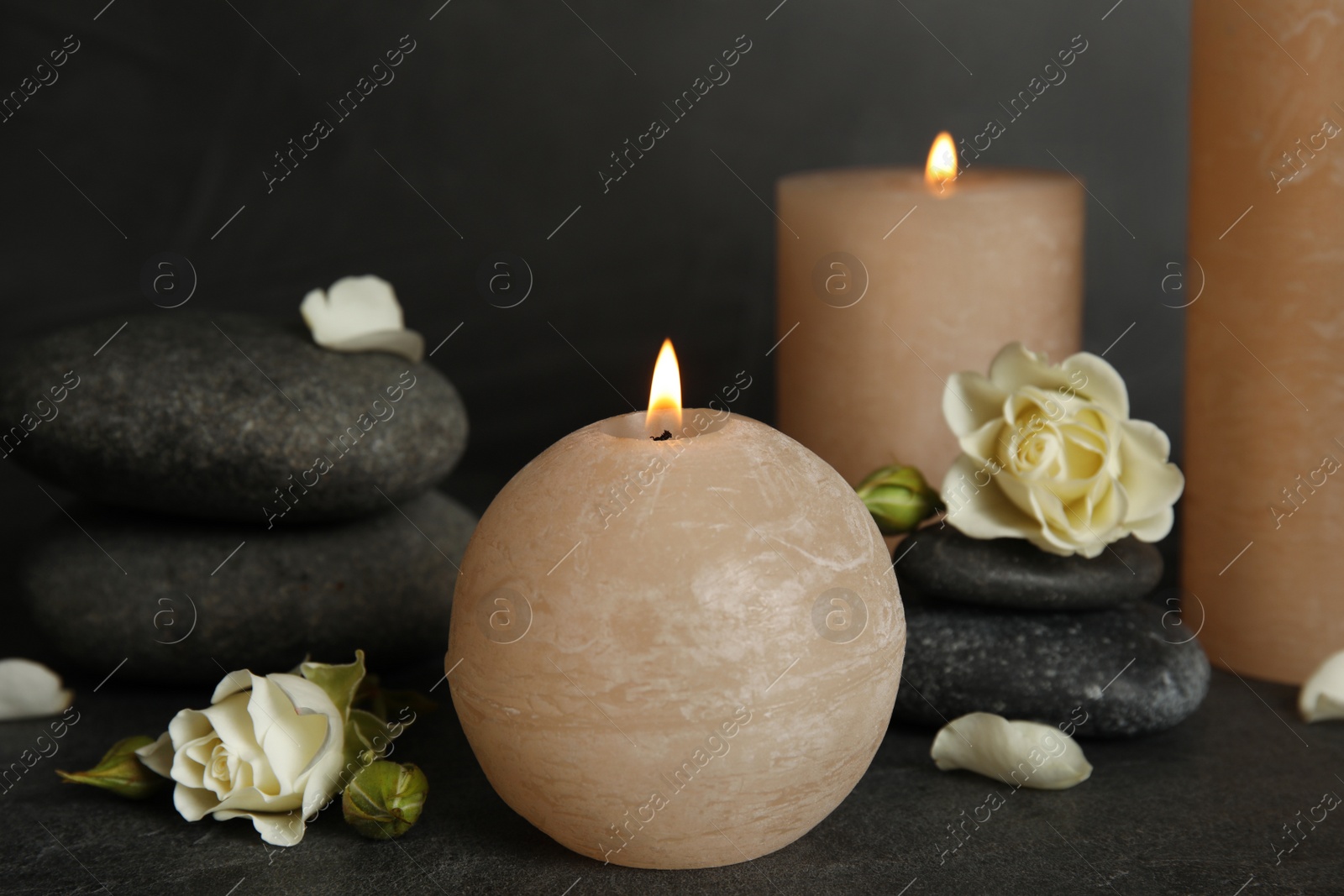 Photo of Burning candles, spa stones and flowers on dark grey table