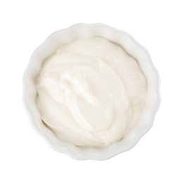 Bowl with sour cream on white background, top view