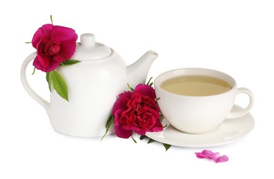 Photo of Aromatic herbal tea with rose flowers isolated on white