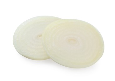 Slices of raw onion on white background