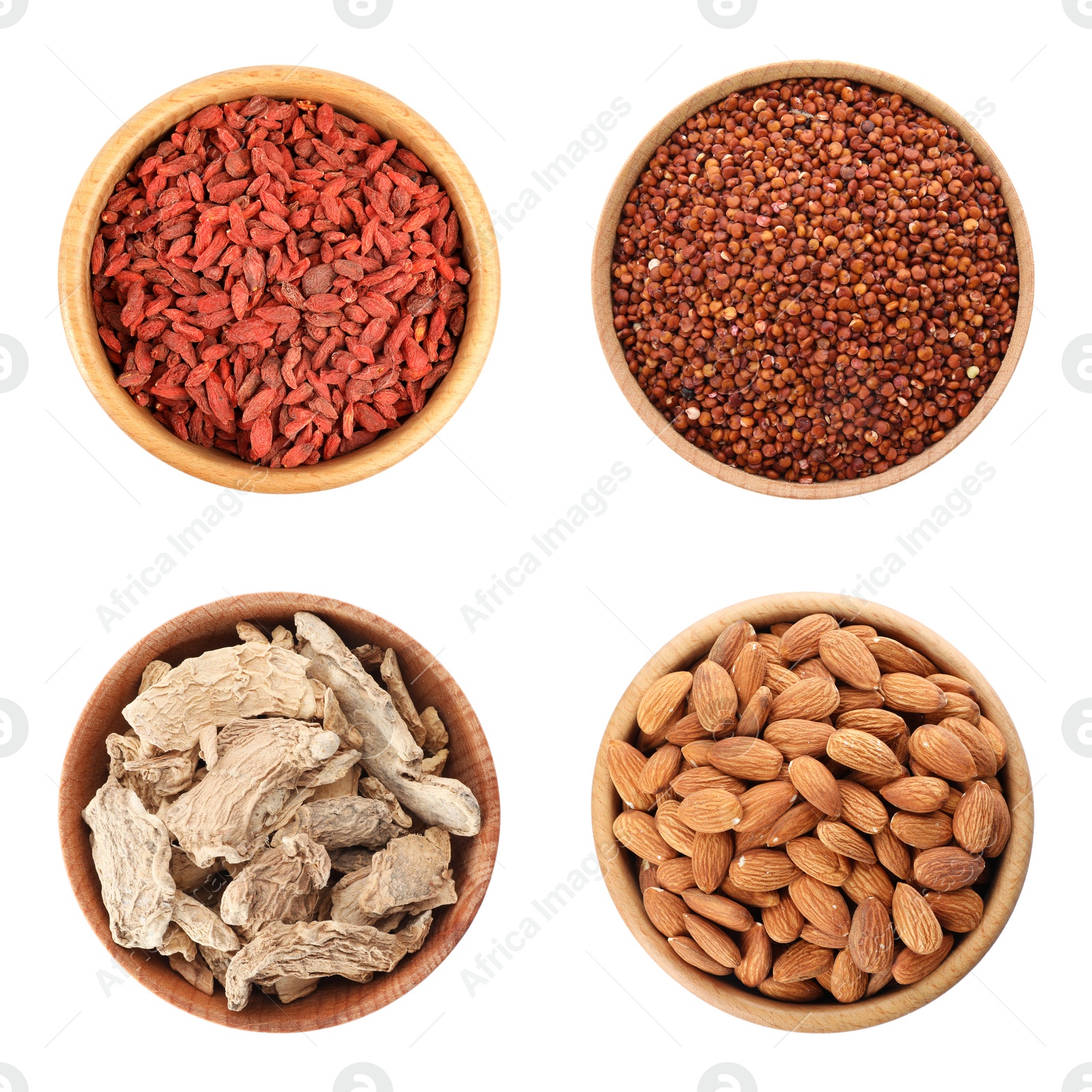 Image of Set of different superfoods on white background, top view