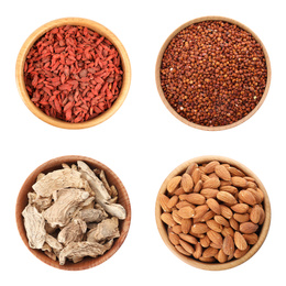 Image of Set of different superfoods on white background, top view