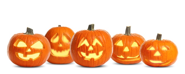 Image of Set of carved Halloween pumpkins on white background. Banner design