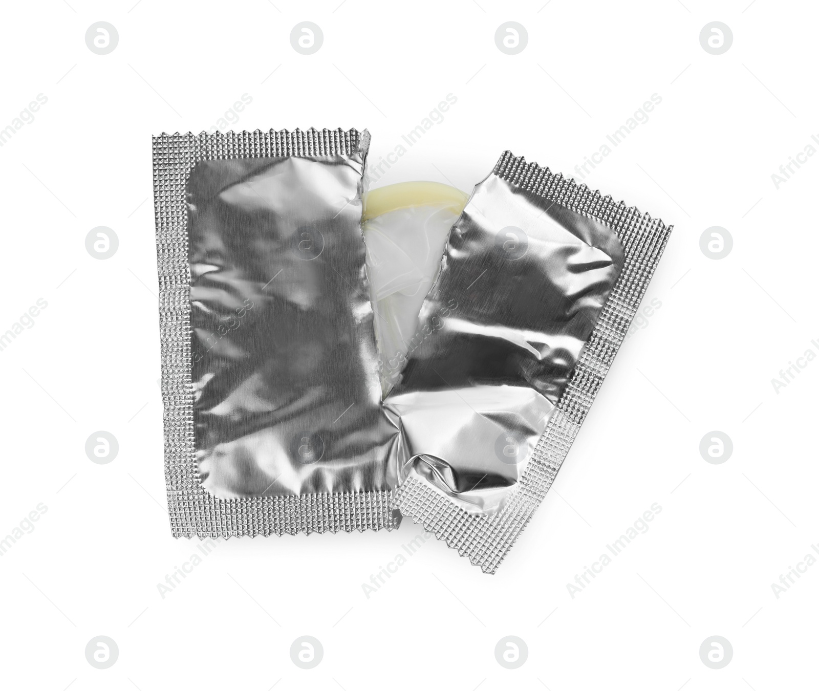 Photo of Torn package with condom isolated on white, top view. Safe sex