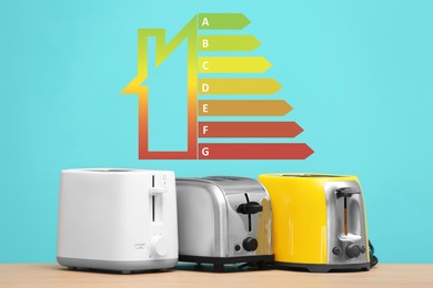 Energy efficiency rating label over different toasters against light blue background