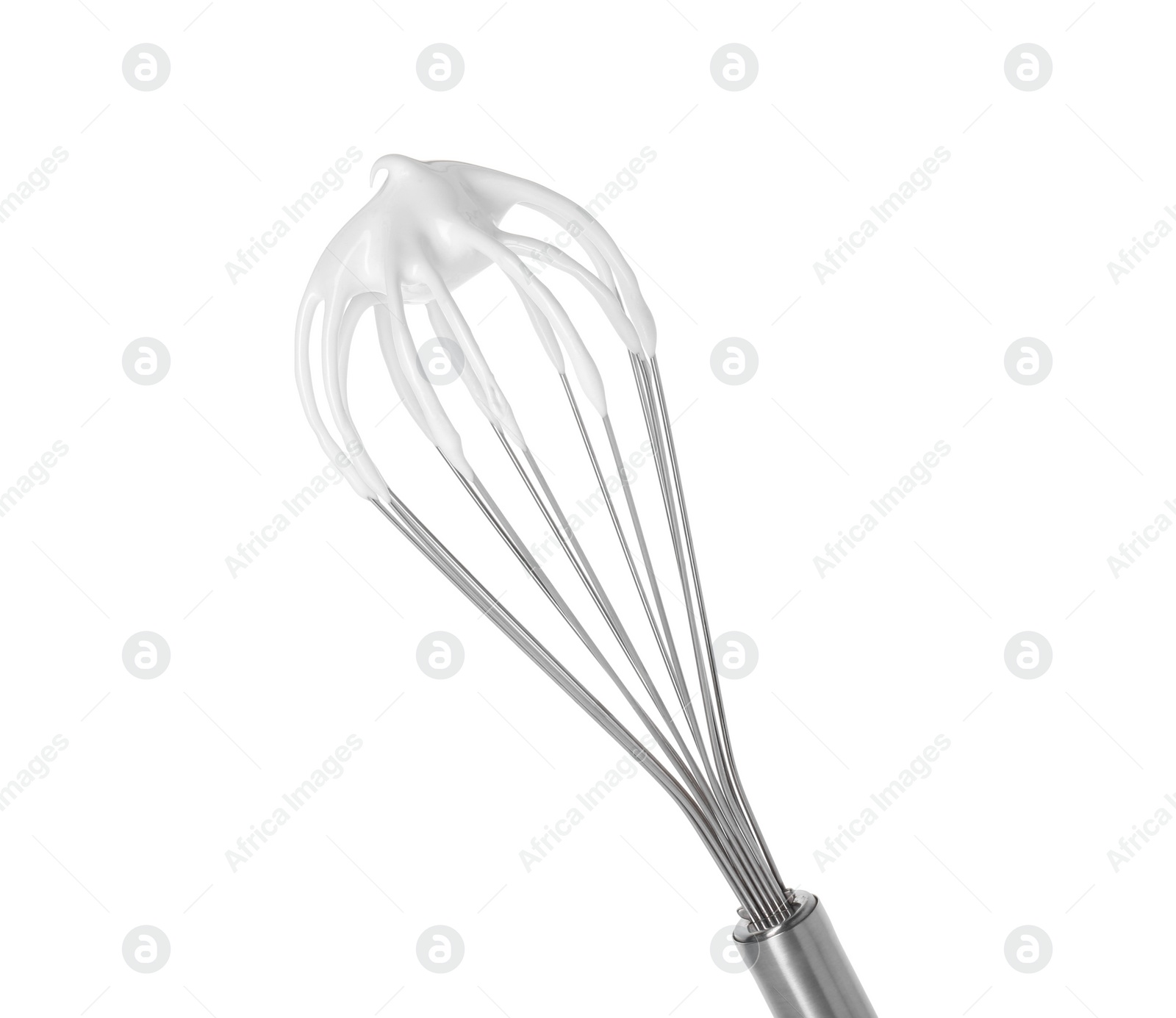 Photo of Whisk with whipped cream isolated on white