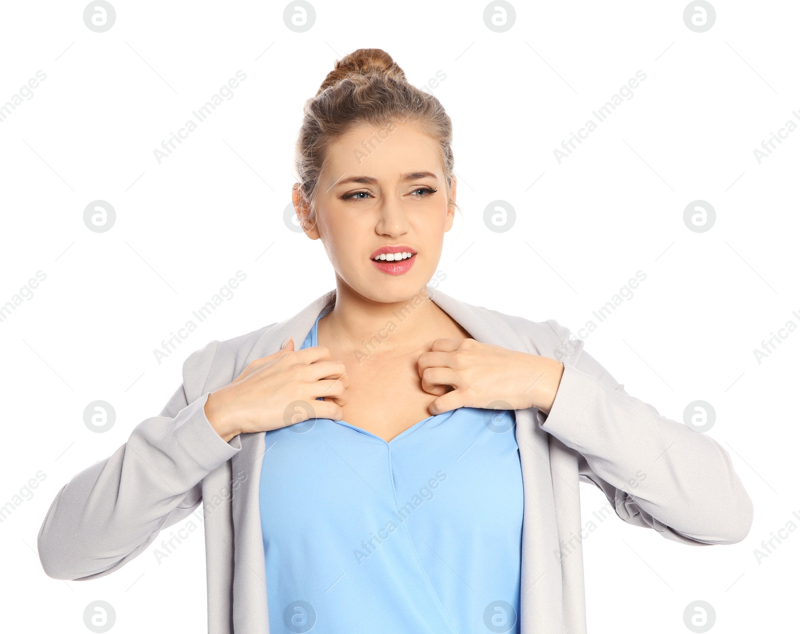 Photo of Young woman scratching skin on white background. Annoying itch