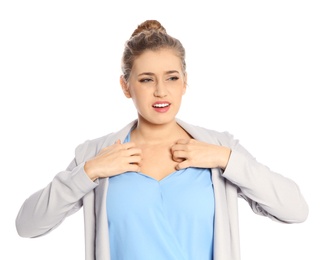 Photo of Young woman scratching skin on white background. Annoying itch