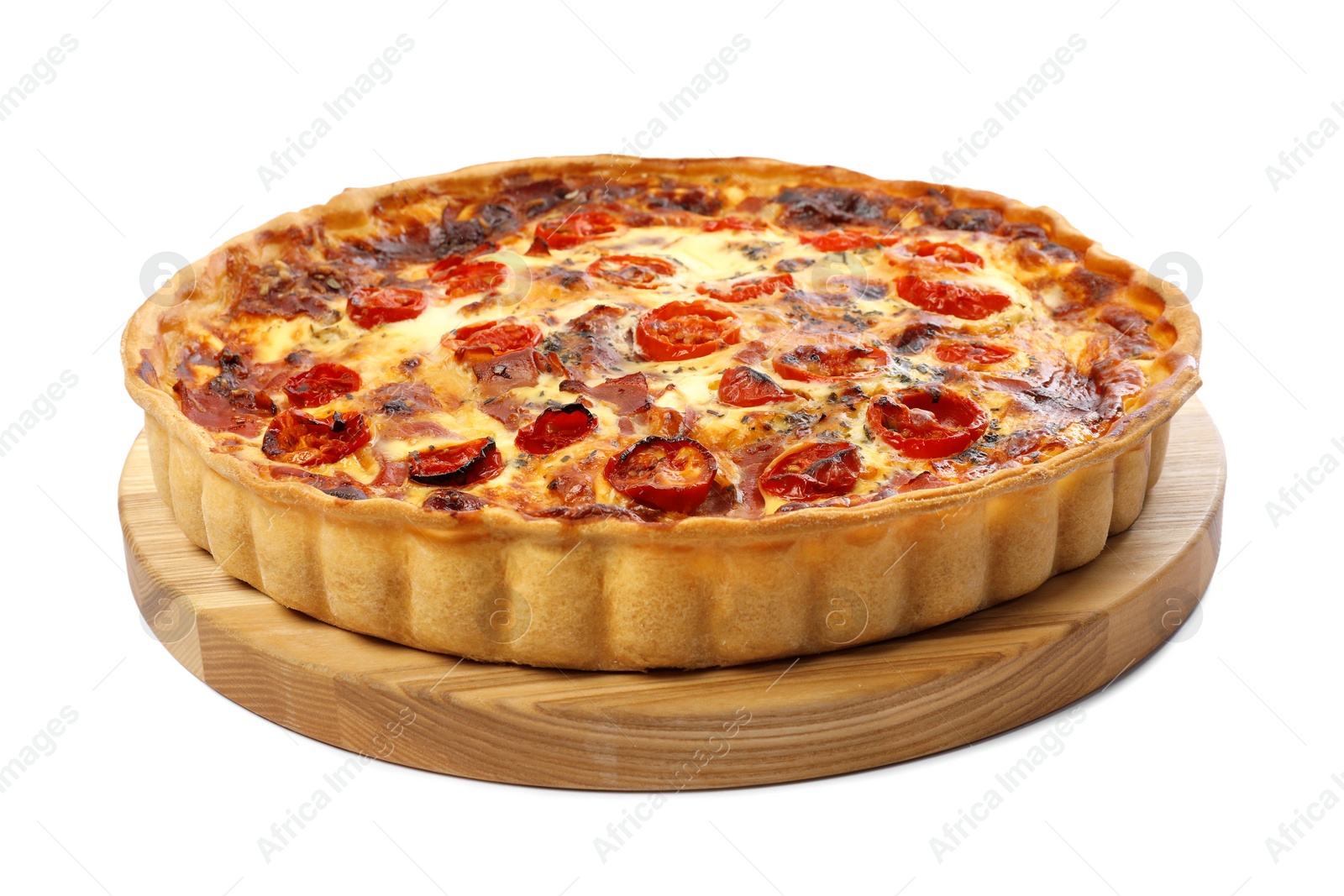 Photo of Delicious homemade quiche with prosciutto and tomatoes isolated on white