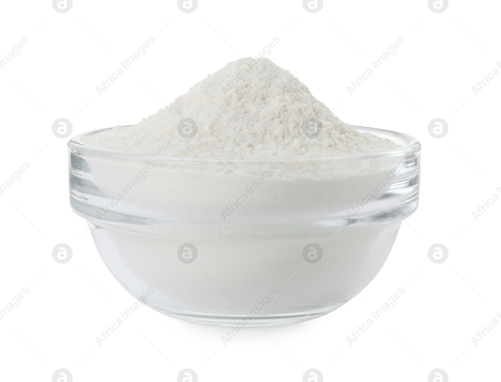 Photo of Baking powder in bowl isolated on white