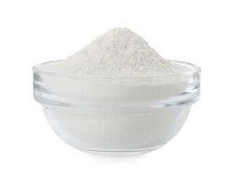 Photo of Baking powder in bowl isolated on white