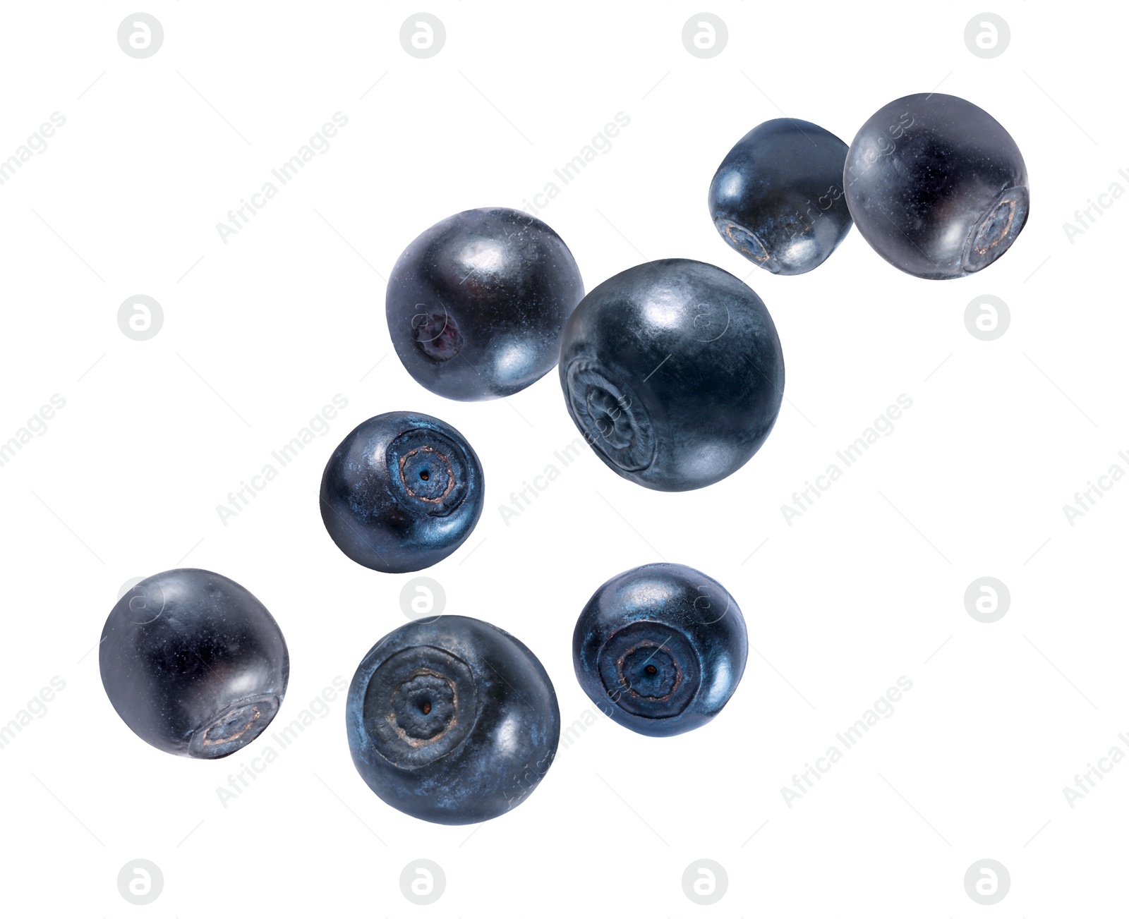 Image of Fresh ripe bilberries flying on white background