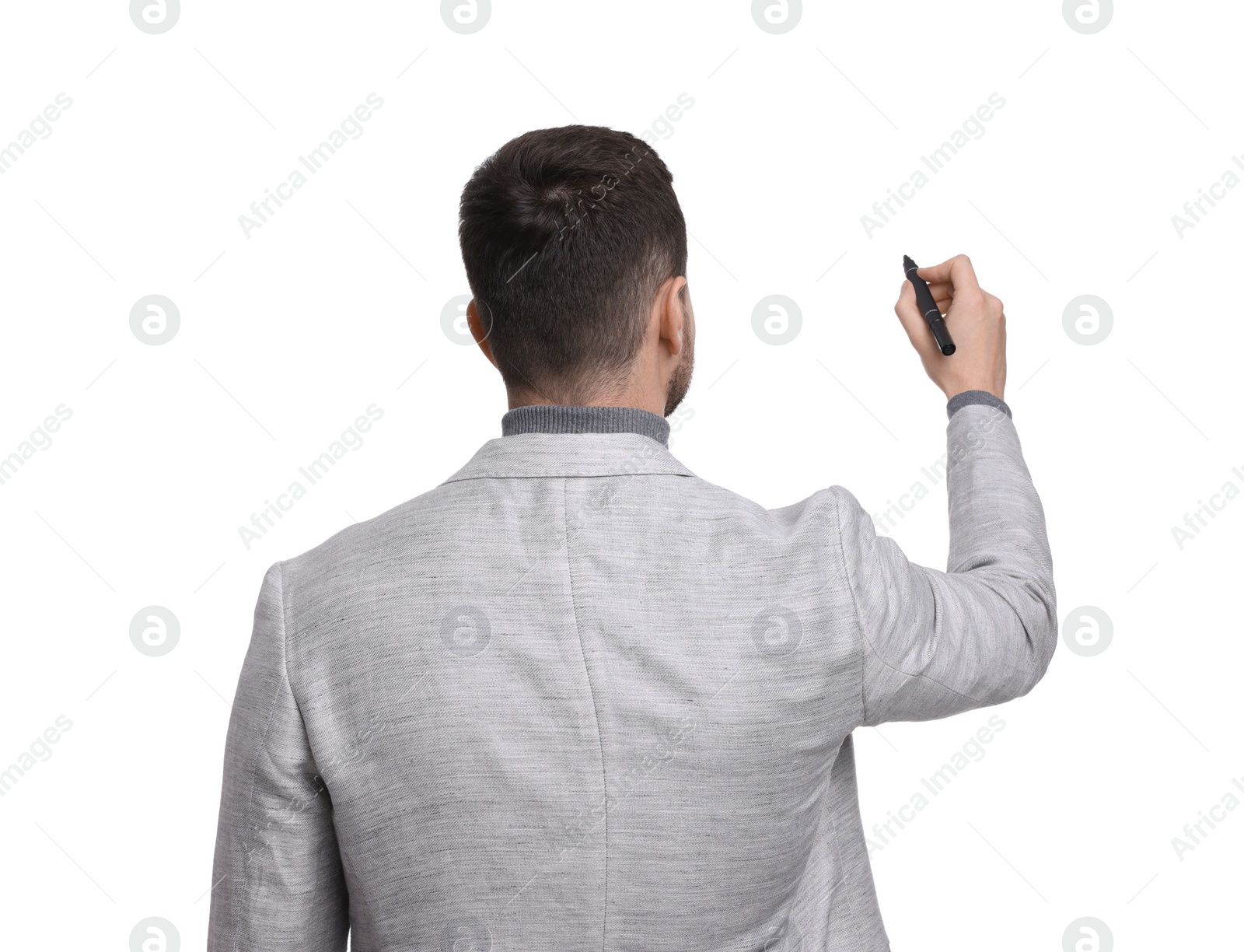 Photo of Businessman in suit with marker on white background, back view