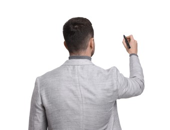 Businessman in suit with marker on white background, back view