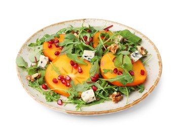 Photo of Tasty salad with persimmon, blue cheese, pomegranate and walnuts isolated on white