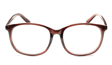 Photo of Stylish glasses with brown frame isolated on white