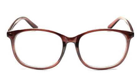 Stylish glasses with brown frame isolated on white