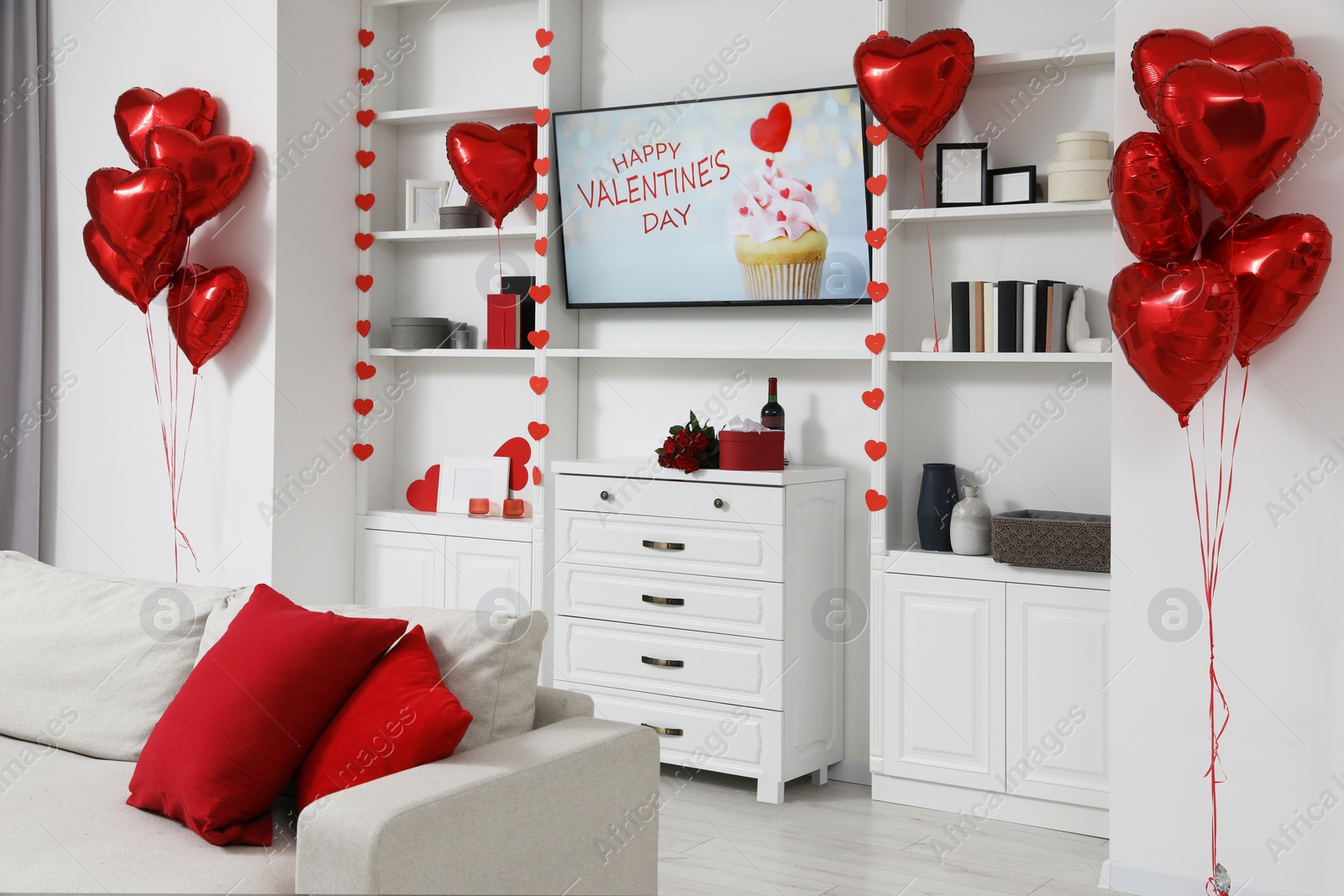 Photo of Cozy living room interior decorated for Valentine Day