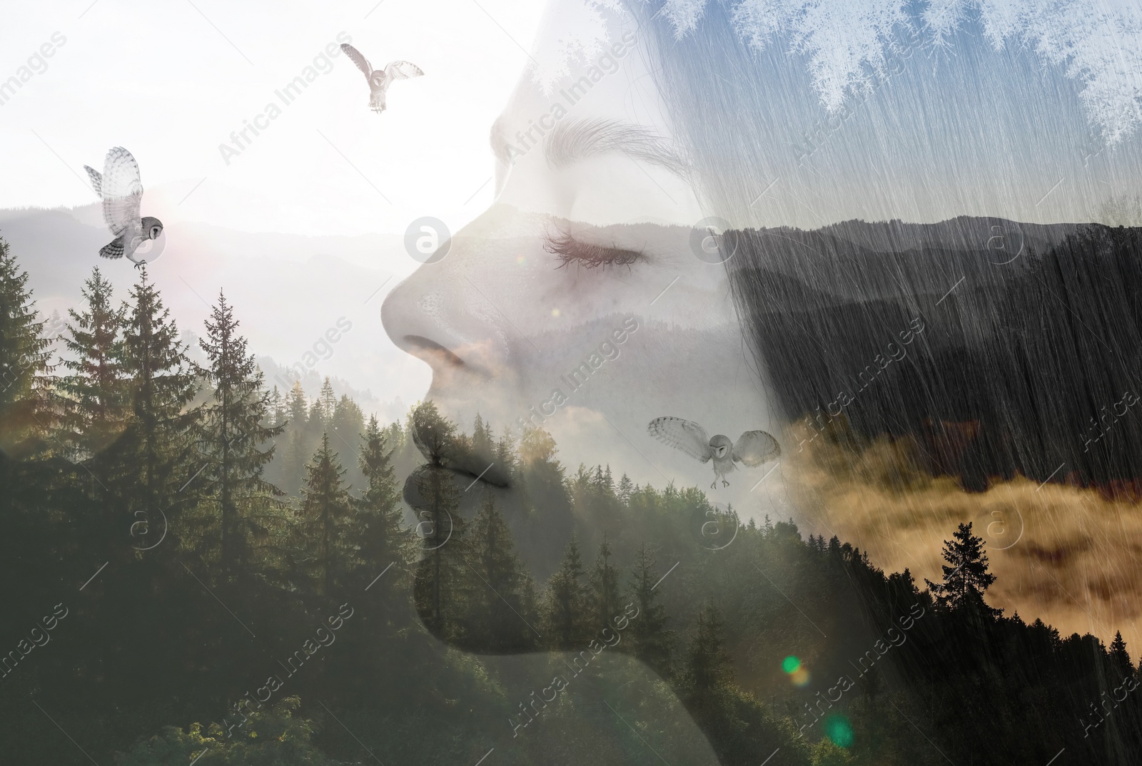 Image of Double exposure of pretty woman and mountain forest. Beauty of nature