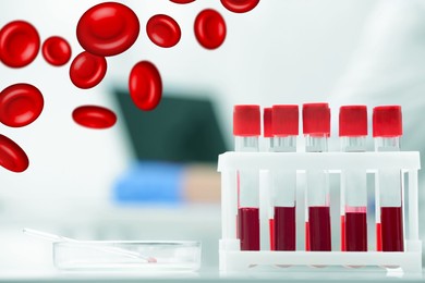 Image of Test tubes with blood samples in laboratory and illustration of erythrocytes