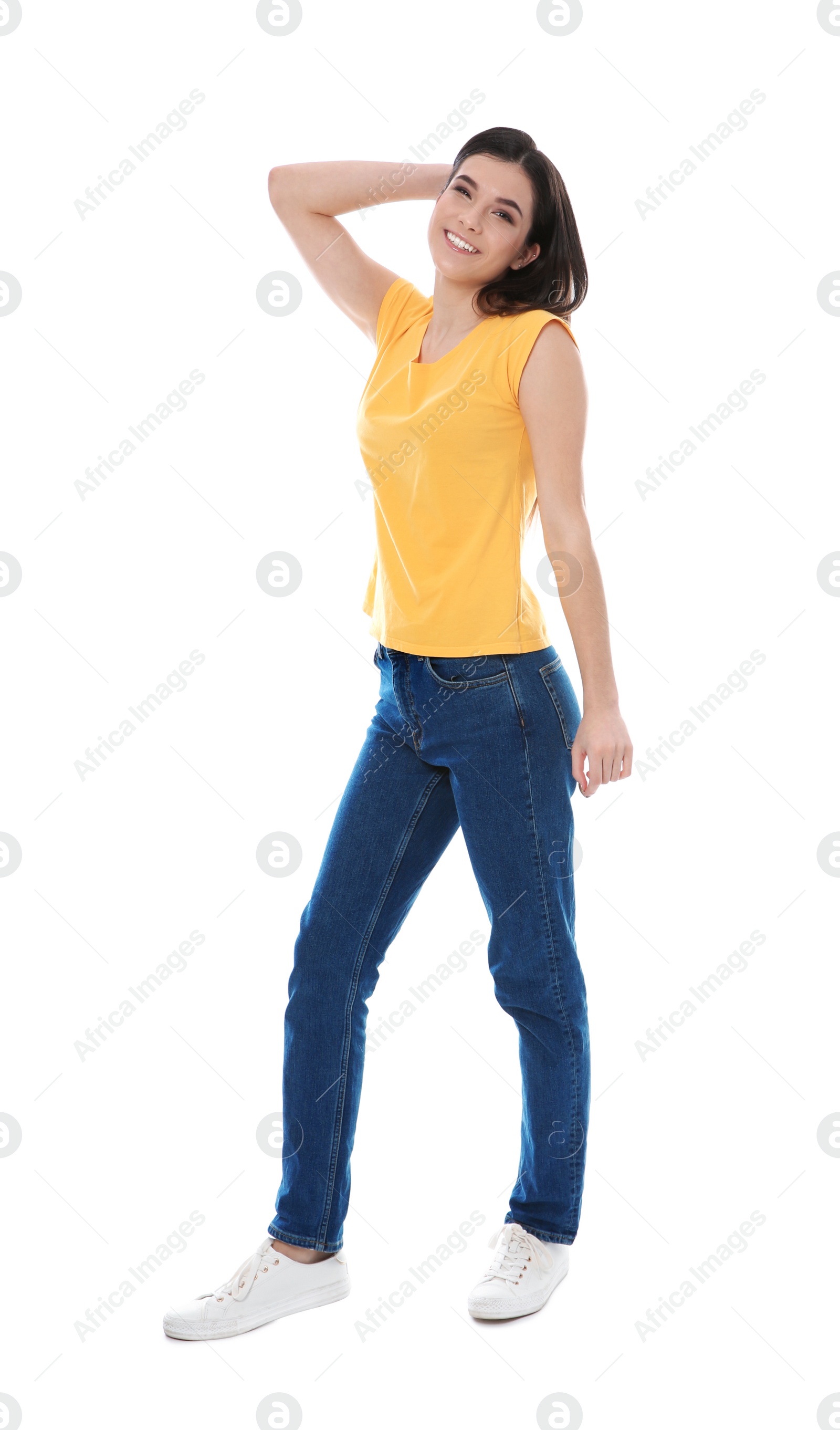 Photo of Beautiful young woman in stylish clothes on white background