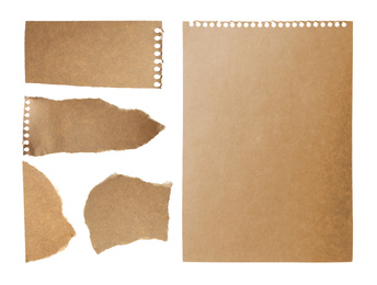 Image of Set of kraft notebook papers on white background