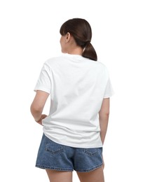 Woman in stylish t-shirt on white background, back view