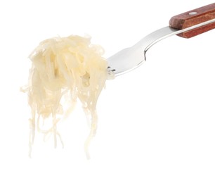 Photo of Fork with tasty sauerkraut on white background