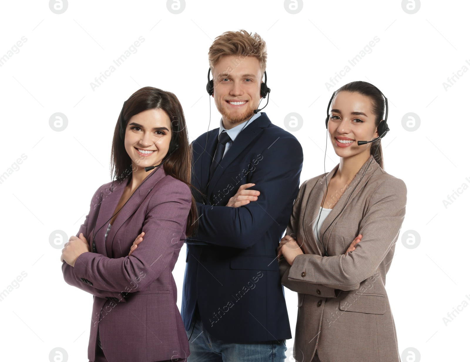Photo of Technical support operators with headsets on white background