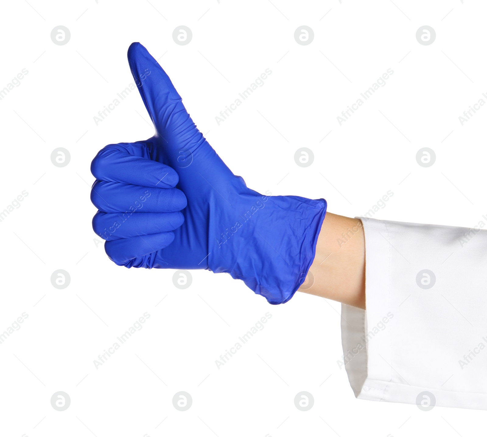 Photo of Doctor in medical glove showing thumb-up gesture on white background