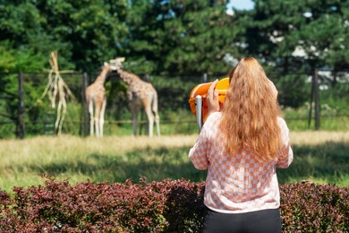 Photo of Little girl watching wild giraffes through mounted binoculars in zoo, back view