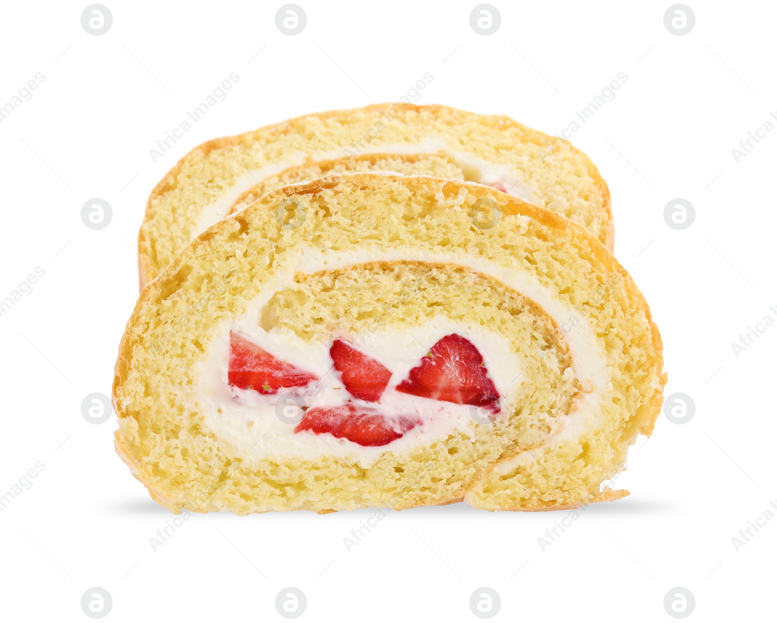 Photo of Slices of delicious sponge cake roll with strawberries and cream on white background